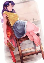 Rule 34 | 1girl, absurdres, artist name, bare arms, bare legs, bare shoulders, beer can, blouse, brown eyes, can, chair, closed mouth, denim, denim shorts, drink can, dutch angle, feet, foot focus, foreshortening, from below, grey shorts, hair intakes, highres, holding, holding can, indoors, j. artur, jacket, katsuragi misato, long hair, neon genesis evangelion, purple hair, red jacket, shirt, short shorts, short sleeves, shorts, sitting, smile, soles, solo, t-shirt, unworn jacket, wooden floor, yellow shirt