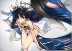 Rule 34 | 1girl, arm at side, artist name, bad id, bad twitter id, banner, bare arms, bare legs, bare shoulders, black hair, black ribbon, blurry, chain, closed mouth, collar, collarbone, crown, depth of field, fate/grand order, fate (series), female focus, flat chest, floating hair, from above, gem, grey background, hair ribbon, ishtar (fate), jewelry, leaning, leaning forward, legs, leotard, long hair, looking to the side, neck ring, parted bangs, pelvic curtain, rean (r ean), red eyes, revealing clothes, ribbon, side slit, simple background, sitting, sketch, smile, solo, strapless, thigh gap, tiara, tohsaka rin, two side up, type-moon, very long hair, wind, wind lift