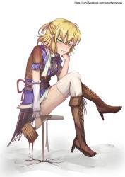 Rule 34 | 1girl, absurdres, arm warmers, blonde hair, blood, boots, brown footwear, commentary request, cs12345655, green eyes, hand on own chin, highres, holding, holding weapon, mallet, mizuhashi parsee, pointy ears, scarf, short sleeves, sitting, solo, tears, thighhighs, thighs, touhou, weapon, white scarf, white thighhighs