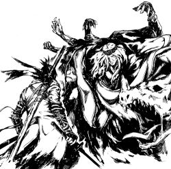 Rule 34 | 2boys, closed mouth, dragon, elden ring, extra arms, from software, godrick the grafted, greyscale, height difference, holding, holding sword, holding weapon, japanese clothes, jitsu shizu, katana, long hair, looking at another, monochrome, multiple boys, ninja, scarf, sekiro, sekiro: shadows die twice, sheath, sheathed, short ponytail, standing, sword, tagme, weapon, weapon on back