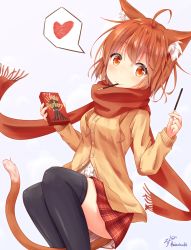 Rule 34 | 1girl, ahoge, animal ears, black thighhighs, blush, brand name imitation, breasts, brown eyes, brown hair, brown scarf, cardigan, cat ears, cat girl, cat tail, center frills, closed mouth, commentary request, food, food in mouth, frills, fringe trim, grey background, hair between eyes, head tilt, heart, highres, looking at viewer, medium breasts, minazuki mizu, mouth hold, original, plaid, plaid skirt, pleated skirt, pocky, red skirt, scarf, shirt, signature, simple background, skirt, smile, solo, souffle (minazuki mizu), spoken heart, tail, thighhighs, white shirt