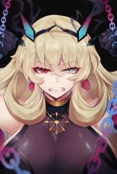 Rule 34 | 1girl, bare shoulders, black dress, blonde hair, blue eyes, breasts, chain, clenched teeth, commentary request, dress, earrings, barghest (fate), barghest (second ascension) (fate), fate/grand order, fate (series), heterochromia, highres, horns, jewelry, kubomi 943, large breasts, long hair, looking at viewer, red eyes, sideboob, solo, teeth