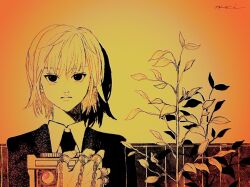 Rule 34 | 1other, androgynous, black eyes, black suit, blonde hair, chain, disembodied eye, expressionless, formal, highres, holding, holding jar, hunter x hunter, jar, kaze no, kurapika, looking at viewer, necktie, other focus, red eyes, shirt, short hair, simple background, solo, suit, upper body, white shirt, yellow background