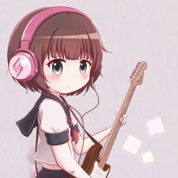 Rule 34 | 1girl, bandaid, bandaid on arm, bemani, black sailor collar, black skirt, blush, brown hair, character request, commentary request, electric guitar, goth risuto, grey background, grey eyes, guitar, headphones, holding, holding instrument, instrument, midriff, neckerchief, puffy short sleeves, puffy sleeves, red neckerchief, sailor collar, school uniform, serafuku, shirt, short hair, short sleeves, skirt, solo, sound voltex, white shirt