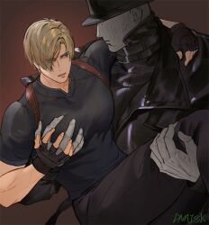 Rule 34 | 2boys, bara, black coat, black gloves, black pants, black shirt, brown hair, carrying, carrying person, coat, colored skin, dnajssk, fingerless gloves, gloves, grabbing, grey skin, hat, large pectorals, leon s. kennedy, long coat, looking at another, male focus, mr. x (resident evil), multiple boys, muscular, muscular male, pants, pectoral grab, pectorals, resident evil, resident evil 2, resident evil 2 (remake), shirt, short hair, yaoi