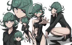 Rule 34 | 1girl, black dress, blood, blood on face, breasts, chibi, closed mouth, covered navel, crossed arms, curly hair, dress, fantasy, frown, glowing, glowing eyes, green eyes, green hair, highres, jourd4n, long sleeves, looking at viewer, magic, messy hair, one-punch man, outstretched hand, psychic, shoes, short hair, smile, squatting, standing, tatsumaki, torn clothes, torn dress, wavy hair, white background