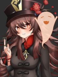 Rule 34 | 1girl, :d, black hat, black jacket, branch, breasts, brown eyes, brown hair, commentary, eeveestrations, english commentary, fang, flower, flower-shaped pupils, genshin impact, ghost, grey background, grin, hair between eyes, hand up, hat, highres, hu tao (genshin impact), jacket, long hair, looking at viewer, medium breasts, middle finger, open mouth, red flower, red shirt, shirt, simple background, smile, solo, symbol-shaped pupils, upper body, very long hair