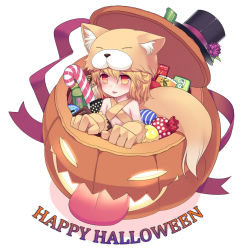 Rule 34 | 1girl, animal ear fluff, animal hands, blonde hair, blush, candy, candy cane, chocolate, commentary request, elbow gloves, fireflysnow, flat chest, food, fox girl, fox hat, fox tail, gloves, hair between eyes, halloween, halterneck, hat, jack-o&#039;-lantern, medium hair, moonlight flower, open mouth, pocky, pumpkin, ragnarok online, red eyes, simple background, solo, tail, tongue, tongue out, top hat, upper body, white background, yellow fur, yellow gloves