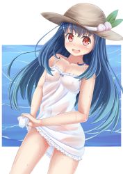 Rule 34 | 1girl, akizuki (akizuki71), alternate headwear, blue hair, blush, breasts, brown hat, commentary request, covered navel, cowboy shot, dress, dutch angle, food, frilled dress, frills, fruit, gluteal fold, hat, hinanawi tenshi, long hair, looking at viewer, navel, nipples, no bra, open mouth, panties, peach, red eyes, see-through, short dress, small breasts, smile, solo, spaghetti strap, standing, sun hat, sundress, touhou, underwear, wet, wet clothes, wet dress, white dress, white panties