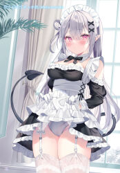 Rule 34 | 1girl, apron, black dress, blush, breasts, cleavage, closed mouth, clothes lift, commentary request, curtains, demon girl, dress, dress lift, ebihara beniko, frilled apron, frilled dress, frills, garter straps, grey hair, groin, hair rings, indoors, juliet sleeves, lifted by self, long hair, long sleeves, maid, maid headdress, medium breasts, off-shoulder dress, off shoulder, one side up, original, panties, pointy ears, puffy sleeves, solo, standing, thighhighs, underwear, very long hair, white apron, white panties, white thighhighs, window