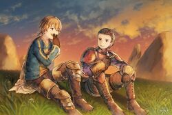 Rule 34 | 2boys, armor, blonde hair, brown hair, cape, closed mouth, cloud, cotelier, delita heiral, final fantasy, final fantasy tactics, foot out of frame, gloves, grass, multiple boys, ponytail, ramza beoulve, smile
