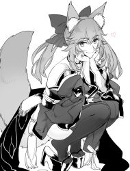 Rule 34 | 1girl, animal ears, bad id, bad twitter id, bare shoulders, breasts, cleavage, commentary, detached sleeves, fate/grand order, fate (series), fox ears, fox tail, greyscale, hands on own cheeks, hands on own chin, hands on own face, heart, japanese clothes, large breasts, long hair, looking at viewer, monochrome, nanigashi (xla009), pantyhose, platform footwear, seiza, sitting, smile, solo, squatting, tail, tamamo (fate), tamamo no mae (fate/extra), wide sleeves