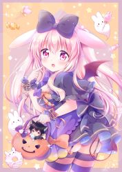 Rule 34 | 1boy, 1girl, absurdres, animal ears, bat wings, black bow, black dress, black thighhighs, blush, bow, bowtie, breasts, candy, cat ears, chiika (cure cherish), demon tail, dress, finger to mouth, food, garter straps, hair bow, highres, jack-o&#039;-lantern, large breasts, lollipop, long hair, looking at viewer, mini person, miniboy, open mouth, orange ribbon, orange thighhighs, original, pink hair, rabbit ears, ribbon, star (symbol), striped clothes, striped thighhighs, tail, thighhighs, two side up, wings