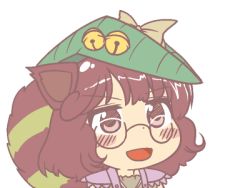 Rule 34 | 1girl, animal ears, bell, blush, brown eyes, brown hair, dot nose, futatsuiwa mamizou, glasses, gyate gyate, ikiyouz, leaf, leaf on head, lowres, open mouth, portrait, ribbon, simple background, solo, tail, touhou, transparent background