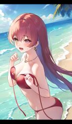 Rule 34 | 1girl, @ @, aria (ariacue), beach, bikini, blue sky, blush, breasts, cleavage, cloud, collarbone, commentary request, day, earrings, gold earrings, gold necklace, heart, heart earrings, heart necklace, heterochromia, highres, hololive, horizon, houshou marine, houshou marine (summer), jewelry, large breasts, letterboxed, long hair, looking at viewer, necklace, open mouth, outdoors, palm tree, red bikini, red eyes, red hair, sand, sky, solo, sweat, swimsuit, tree, untied bikini, virtual youtuber, wardrobe malfunction, water, yellow eyes