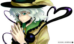 Rule 34 | 1girl, aqua eyes, character name, female focus, glowing, glowing eyes, hat, heart, heart of string, komeiji koishi, nail polish, oso (toolate), pink nails, silver hair, simple background, solo, steepled fingers, touhou, wallpaper