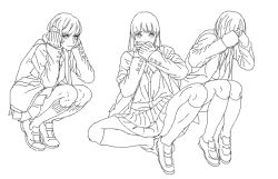 Rule 34 | 3girls, blazer, buttons, cardigan, cosmic bear, covering face, covering own ears, covering own mouth, greyscale, jacket, kneehighs, lineart, loafers, long hair, looking at viewer, monochrome, multiple girls, original, pleated skirt, school uniform, shoes, short hair, sitting, skirt, smile, socks, spread legs, squatting, three monkeys