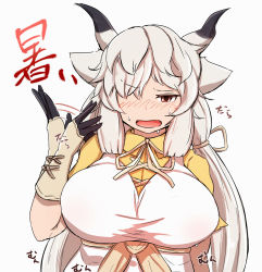Rule 34 | 1girl, afterimage, arm at side, black horns, blush, breasts, brown eyes, collared shirt, denka (denka ilst), dress, fanning, fanning self, gloves, hair over one eye, half-closed eye, hand up, highres, horns, hot, kemono friends, large breasts, motion lines, multicolored horns, neck ribbon, nose blush, open mouth, ox ears, ox horns, ribbon, shirt, short sleeves, simple background, solo, sweat, upper body, white background, white hair, wing collar, yak (kemono friends), yellow shirt