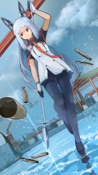 Rule 34 | 10s, 1girl, :p, absurdres, arm up, black eyes, black footwear, black pantyhose, blue hair, blue sky, building, closed mouth, day, dress, dutch angle, full body, gloves, hair ribbon, headgear, highres, holding, holding weapon, kantai collection, loafers, long hair, looking to the side, murakumo (kancolle), murakumo kai ni (kancolle), necktie, outdoors, pantyhose, polearm, red necktie, red ribbon, ribbon, shoes, shore, sidelocks, sky, solo, standing, standing on liquid, standing on one leg, tayuta., tongue, tongue out, torpedo, tress ribbon, two-handed, very long hair, water, weapon, white dress