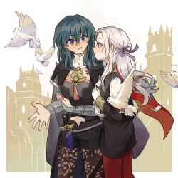 Rule 34 | 2girls, bird, black jacket, black shorts, blue eyes, breasts, byleth (female) (fire emblem), byleth (fire emblem), cape, cowboy shot, crossed arms, dove, edelgard von hresvelg, fire emblem, fire emblem: three houses, gold trim, green hair, grey cape, grey hair, hair between eyes, hair ribbon, highres, jacket, lace thighhighs, long hair, looking at another, medium breasts, medium hair, midriff peek, military, military uniform, multiple girls, navel, nintendo, pantyhose, parted bangs, parted lips, purple ribbon, red cape, ribbon, risericem, short shorts, shorts, smile, uniform, vambraces, white bird