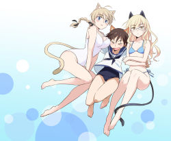 Rule 34 | 3girls, :d, :o, agahari, animal ears, barefoot, bikini, black neckerchief, blonde hair, blue bikini, blue eyes, blue one-piece swimsuit, blue sailor collar, blush, braid, breasts, brown hair, cat ears, cat tail, closed eyes, closed mouth, floating hair, girl sandwich, glasses, highres, hug, large breasts, looking at viewer, lynette bishop, miyafuji yoshika, multiple girls, neckerchief, one-piece swimsuit, open mouth, parted lips, perrine h. clostermann, sailor collar, sandwiched, school swimsuit, school uniform, serafuku, shirt, short hair, side-tie bikini bottom, small breasts, smile, strike witches, swimsuit, tail, thigh gap, white one-piece swimsuit, white shirt, world witches series, yellow eyes