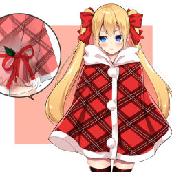 Rule 34 | 1girl, black thighhighs, blonde hair, blue eyes, blush, bow, box, cloak, closed mouth, commentary request, cowboy shot, gift, gift box, hair between eyes, hair bow, holding, holding gift, long hair, looking at viewer, original, plaid, plaid cloak, red bow, red cloak, solo, thighhighs, twintails, very long hair, x-ray, yukino (yukinosora1126)
