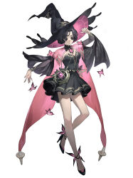 Rule 34 | 1girl, alternate costume, ankle strap, armillary sphere, bag, belt, black dress, black eyes, black footwear, black hair, black headwear, breasts, bug, butterfly, button eyes, cape, cleavage, curly hair, detached collar, detached sleeves, dress, full body, gold belt, hand up, hat, high heels, highres, identity v, insect, layered sleeves, looking at viewer, majimaji studio, margaretha zelle, medium breasts, outstretched arm, parted bangs, pink butterfly, pink cape, pink gemstone, pleated dress, roman numeral, runny makeup, see-through, see-through cape, see-through cleavage, short dress, short hair, shoulder bag, simple background, smile, solo, standing, strapless, strapless dress, white background, wide sleeves, winged footwear, witch hat