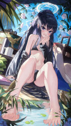 Rule 34 | 1girl, absurdres, barefoot, bikini, binoculars, bird, black bikini, black hair, black hairband, black jacket, blue archive, blue eyes, blush, book, breasts, commentary request, cup, dorsiflexion, feet, flower, foot focus, hairband, halo, halterneck, hand up, highres, jacket, k.j., legs, long hair, long sleeves, looking at viewer, navel, o-ring, o-ring bikini, off shoulder, official alternate costume, open mouth, ponytail, rose, sitting, small breasts, soles, spread toes, suitcase, swimsuit, toenails, toes, ui (blue archive), ui (swimsuit) (blue archive), very long hair, white flower, white halo, white rose