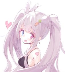 Rule 34 | 1girl, ahoge, animal ears, bare shoulders, blue eyes, blush, breasts, buran (kure), carrot hair ornament, collarbone, food-themed hair ornament, hair ornament, head tilt, heart, heart tattoo, heterochromia, highres, large breasts, long hair, looking at viewer, looking to the side, mole, mole on breast, original, pink hair, play button, rabbit ears, round teeth, sidelocks, silver hair, simple background, skirt, solo, strap slip, tattoo, teeth, twintails, upper teeth only, very long hair, white background