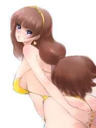 Rule 34 | 1girl, amanogawa kirara, ass, bare arms, bare shoulders, breasts, brown hair, covered erect nipples, earrings, go! princess precure, hairband, jewelry, large breasts, long hair, one-piece swimsuit, precure, purple eyes, simple background, solo, star (symbol), star earrings, suzu-batsu, swimsuit, teeth, underboob, very long hair, white background, yellow hairband, yellow one-piece swimsuit