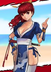 Rule 34 | 1girl, beach, blue sky, breasts, cleavage, cosplay, crossover, dead or alive, female focus, hair ribbon, hand on own hip, highres, kasumi (doa), kasumi (doa) (cosplay), long hair, matching hair/eyes, medium breasts, name connection, ocean, pelvic curtain, persona, persona 5, persona 5 the royal, r51633060, red eyes, red hair, ribbon, sand, short sleeves, sky, solo, sword, water, weapon, yoshizawa kasumi