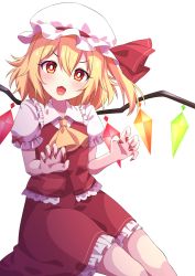 Rule 34 | 1girl, arms up, blonde hair, blush, bright pupils, claw pose, commentary request, cropped legs, fang, fingernails, flandre scarlet, frilled shirt collar, frills, hair between eyes, hat, hat ribbon, head tilt, highres, looking at viewer, mob cap, nail polish, one side up, open mouth, partial commentary, puffy short sleeves, puffy sleeves, red eyes, red nails, red skirt, red vest, ribbon, sharp fingernails, shirt, short hair, short sleeves, simple background, sitting, skin fang, skirt, skirt set, solo, touhou, tsukimirin, vest, white background, white hat, white pupils, white shirt, wings