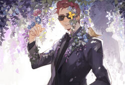 1boy aziraphale_(good_omens) crowley_(good_omens) demon_boy flower formal glasses good_omens looking_at_viewer luminous_slime male_focus red_hair solo suit wisteria yellow_eyes