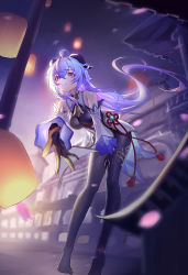 Rule 34 | 1girl, absurdres, ahoge, architecture, bare shoulders, bell, bent over, black gloves, black pantyhose, blue hair, breasts, detached sleeves, east asian architecture, full body, ganyu (genshin impact), genshin impact, gl1275038164, gloves, gold trim, highres, horns, lantern, leaning forward, light smile, long hair, looking at viewer, low ponytail, medium breasts, neck bell, night, no shoes, outdoors, outstretched arms, pantyhose, paper lantern, purple eyes, sidelocks, solo, thighlet, vision (genshin impact), white sleeves