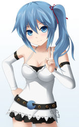Rule 34 | 1girl, arm belt, bare shoulders, belt, black skirt, blue eyes, blue hair, blush, breasts, buckle, chain, cleavage, closed mouth, collarbone, contrapposto, cowboy shot, detached sleeves, eyebrows, hair between eyes, hair ribbon, hand on own hip, head tilt, heihei li, keenh, large breasts, lips, long sleeves, looking at viewer, matching hair/eyes, miniskirt, original, red ribbon, ribbon, shirt, side ponytail, simple background, skirt, sleeveless, sleeveless shirt, smile, solo, spaghetti strap, standing, tareme, v, white background, white shirt