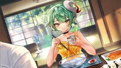 Rule 34 | 1boy, 1girl, action taimanin, animal print, bird, blurry, blurry background, bush, choker, chopsticks, cup, day, demon girl, demon horns, dress, fish (food), food, game cg, green eyes, grilled fish, hand fan, highres, horns, hummingbird, ice, lens flare, looking down, noah brown, onigiri, open door, orange eyes, out of frame, placemat, pointy ears, resized, single horn, sliding doors, smile, summer, sundress, taimanin (series), tree, upscaled, water, yellow dress