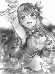 Rule 34 | 1girl, :d, bad id, bad twitter id, blush, fingernails, greyscale, hair flaps, hair ornament, hand up, highres, hololive, idol, long hair, looking at viewer, monochrome, nanashi (nlo), open mouth, smile, solo, star (symbol), star hair ornament, tokino sora, tokino sora (1st costume), upper body, vest, virtual youtuber