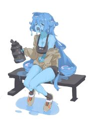 Rule 34 | 1girl, absurdres, bench, black shorts, black sports bra, blue hair, blue skin, bottle, breasts, closed eyes, colored skin, drooling, full body, hair between eyes, highres, holding, holding bottle, jacket, long hair, medium breasts, monster girl, mouth drool, off shoulder, open mouth, original, puddle, shorts, simple background, sitting, slime girl, solo, sports bra, sweat, very long hair, water bottle, wonchun