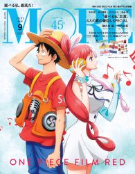 Rule 34 | 1boy, 1girl, absurdres, bare legs, breasts, dress, hat, headphones, highres, large breasts, lips, long hair, looking up, monkey d. luffy, multicolored hair, musical note, official art, one piece, one piece film: red, pale skin, red hair, scan, short hair, simple background, smile, straw hat, title, two-tone hair, uta (one piece), very long hair, white dress, wide hips