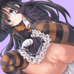 Rule 34 | 1girl, asashio (kancolle), ass, black hair, blue eyes, blush, cape, censored, cleft of venus, closed mouth, collared shirt, commentary request, dd (ijigendd), dress, frills, from below, gloves, hat, kantai collection, long hair, looking at viewer, mosaic censoring, no panties, pussy, searchlight, shirt, simple background, solo, squatting, striped clothes, striped thighhighs, thighhighs, thighs