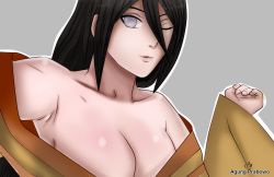 Rule 34 | 1girl, agung911, black hair, boruto: naruto next generations, breasts, cleavage, female focus, highres, huge breasts, hyuuga hanabi, japanese clothes, kimono, purple eyes, lips, long hair, looking at viewer, naruto, naruto (series), one eye closed, open mouth, pupiless eyes, purple eyes, simple background, solo, text focus, undressing, upper body, wink