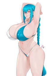 Rule 34 | 1girl, armpits, arms behind head, arms up, bikini, blue bikini, blue hair, braid, braided ponytail, breasts, closed mouth, commentary, commentary request, covered erect nipples, curvy, english commentary, hair between eyes, highleg, highleg bikini, highres, huge breasts, long hair, looking at viewer, mixed-language commentary, navel, original, red eyes, simple background, single braid, skindentation, solo, standing, stomach, swimsuit, thighs, two-tone bikini, very long hair, white background, white bikini, zcune