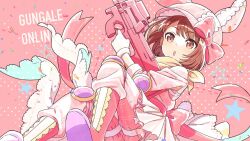 1girl animal_ears boots bow brown_eyes brown_hair bullpup dress eyecatch fake_animal_ears frills gun hat heart holding holding_gun holding_weapon knee_pads llenn_(sao) looking_at_viewer official_art open_mouth p-chan_(p90) p90 pink_dress ribbon short_hair solo submachine_gun sword_art_online sword_art_online_alternative:_gun_gale_online weapon