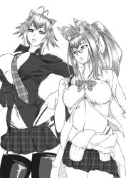 Rule 34 | 2girls, animal ears, antenna hair, bag, bell, black panties, black shirt, blazblue, bow, breasts, carrying over shoulder, cat ears, cleavage, clothes around waist, covered erect nipples, from below, garter belt, garter straps, glasses, greyscale, hand on own hip, handbag, highleg, highleg panties, highres, huge breasts, jacket, jacket around waist, kokonoe (blazblue), large breasts, long hair, looking at another, makoto nanaya, midriff, miniskirt, monochrome, multicolored hair, multiple girls, navel, necktie, nipples, no bra, nontan (nontanexx), open clothes, open mouth, open shirt, panties, pince-nez, plaid, plaid skirt, pleated skirt, puffy nipples, ribbon, safety pin, school uniform, shirt, short hair, side slit, skirt, smile, squirrel ears, thighhighs, two-tone hair, unbuttoned, unbuttoned shirt, underwear, unmoving pattern, unzipped, white background