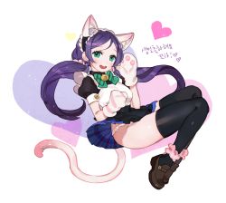 Rule 34 | 10s, 1girl, animal ears, animal hands, ankle cuffs, apron, blush, breasts, cat ears, cat paws, cat tail, green eyes, gwayo, heart, korean text, large breasts, loafers, long hair, looking at viewer, love live!, love live! school idol project, maid apron, maid headdress, open mouth, panties, pantyshot, pleated skirt, purple hair, shoes, skirt, smile, solo, tail, tojo nozomi, twintails, underwear, upskirt, white background