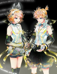 Rule 34 | 1boy, 1girl, aqua eyes, arm warmers, text background, blonde hair, brother and sister, detached sleeves, hair ornament, hair ribbon, hairclip, headphones, kagamine len, kagamine len (append), kagamine rin, kagamine rin (append), navel, ribbon, short hair, shorts, siblings, smile, twins, vocaloid, vocaloid append
