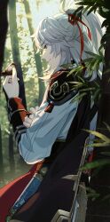 Rule 34 | 1boy, absurdres, armor, bird, bird on hand, black cape, blurry, blurry background, bridal gauntlets, cape, chinese clothes, closed mouth, day, ei (user sjgf2435), forest, gold trim, hair between eyes, hair ornament, hair ribbon, hand up, high ponytail, highres, honkai: star rail, honkai (series), jing yuan, long hair, long sleeves, male focus, mole, mole under eye, nature, outdoors, plant, ponytail, profile, red ribbon, ribbon, shirt, shoulder armor, sidelocks, smile, solo, sunlight, tree, upper body, white hair, white shirt, yellow eyes