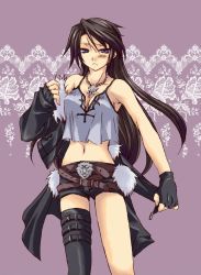 Rule 34 | 1990s (style), 1girl, belt, blue eyes, blush, breasts, brown hair, cleavage, cropped, dissidia final fantasy, final fantasy, final fantasy viii, genderswap, genderswap (mtf), gloves, itsuki (platinum1228), jacket, jewelry, long hair, medium breasts, midriff, navel, necklace, scar, shorts, single thighhigh, solo, squall leonhart, thighhighs