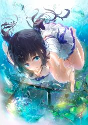 Rule 34 | 1girl, arch, barefoot, black hair, blue eyes, bubble, coral, diving, dress, foreshortening, highres, light rays, looking at viewer, original, outdoors, plant, reaching, reaching towards viewer, solo, torii, twintails, underwater, water, wet, wet clothes, white dress, wingheart