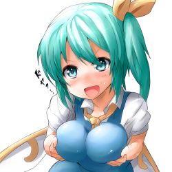 Rule 34 | &gt;:d, 1girl, :d, breast lift, breasts, daiyousei, dress, fairy wings, female focus, green eyes, green hair, hair ribbon, impossible clothes, impossible dress, kuromu (underporno), large breasts, matching hair/eyes, open mouth, ribbon, short hair, side ponytail, simple background, smile, solo, teasing, touhou, v-shaped eyebrows, white background, wings